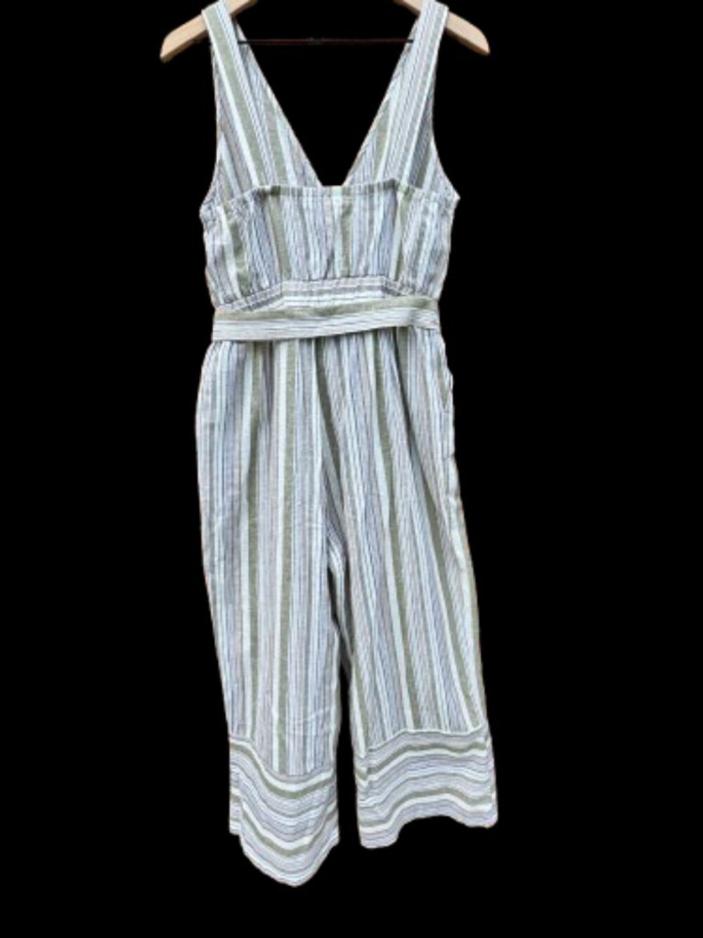 Altar'd State Belted Jumpsuit Large Green Tan Stripe Pockets Linen Blend - Picture 3 of 12